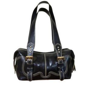 Vtg Maxx New York Black Leather Handbag Purse Gold Hardware Buckle Detail Rare
